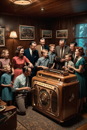A 1950s family gathered around a large wooden radio, with an ad for Clubhouse that reads, 'Join the Conversation - Live Audio Rooms!', masterpiece by Aaron Horkey and Jeremy Mann, masterpiece, best quality, Photorealistic, ultra-high resolution, photographic light, illustration by MSchiffer, fairytale, Hyper detailed, octane render, unreal engine v5