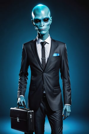 Depict LinkedIn as a professional-looking alien, wearing a digital suit and tie, with a briefcase that displays job opportunities. The alien should have a sleek, business-like aura