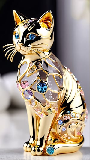 Beautiful cat figurine created with unique transparent crystals, playful environment, highly detailed, 24k