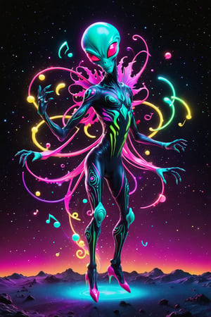 Design an alien interpretation of TikTok, a dynamic alien creature with neon, shifting patterns on its body, multiple limbs that resemble music notes, and a face that echoes the TikTok logo, dancing in a vibrant, pulsating intergalactic scene