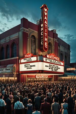 A bustling 1950s movie theater with a marquee advertising YouTube, and a crowd eagerly looking at the screen, with the tagline, 'Watch, Share, and Create Your Stories!', masterpiece by Aaron Horkey and Jeremy Mann, masterpiece, best quality, Photorealistic, ultra-high resolution, photographic light, illustration by MSchiffer, fairytale, Hyper detailed, octane render, unreal engine v5