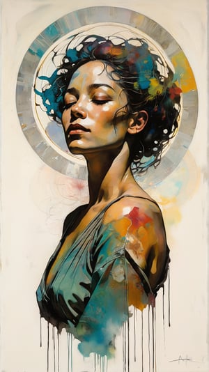 A serene illustration of a woman in a meditative pose, surrounded by a halo of healing energy, without the text. incorporating vibrant colors. gritty dirty textures scratched Salvador Dali Egon Schiele Jasper Johns Georgia O’Keeffe Basquiat, style of Jean Baptiste Monge, Thomas Kinkade, David Palumbo, Carne Griffiths, MASTERPIECE by Aaron Horkey and Jeremy Mann