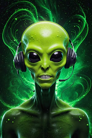 Visualize Spotify as an alien DJ, a vibrant, rhythmically pulsing alien with waveform-like appendages, a face that resembles the Spotify logo, and a backdrop of swirling, cosmic musical notes and album covers