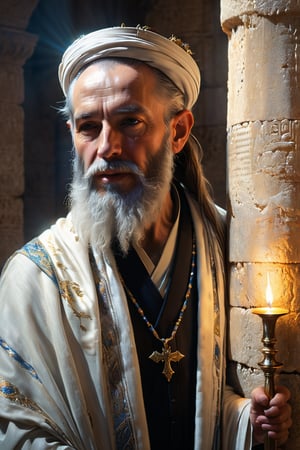portrait, photorealistic of A wise and venerable figure with a flowing beard, dressed in traditional Jewish attire with a tallit (prayer shawl). He stands by the Western Wall with an open Torah scroll, symbolizing tradition and learning, masterpiece by Aaron Horkey and Jeremy Mann, masterpiece, best quality, Photorealistic, ultra-high resolution, photographic light, illustration by MSchiffer, fairytale, sunbeams, cinematic lighting, Hyper detailed, atmospheric, vibrant, dynamic studio lighting, wlop, Glenn Brown, Carne Griffiths, Alex Ross, artgerm and james jean, spotlight, fantasy, surreal, octane render, unreal engine v5