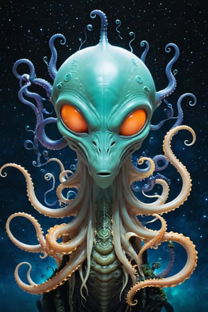 Create an alien version of Reddit, a curious, alien with a head shaped like the Reddit logo, tentacles that resemble upvote and downvote arrows, and an ever-changing environment filled with diverse, floating sub-worlds