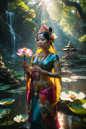 portrait, photorealistic of A serene and radiant figure adorned in colorful traditional garments and jewelry, holding a lotus flower. She stands by a sacred river with a temple and a banyan tree in the background, symbolizing wisdom and devotion, masterpiece by Aaron Horkey and Jeremy Mann, masterpiece, best quality, Photorealistic, ultra-high resolution, photographic light, illustration by MSchiffer, fairytale, sunbeams, cinematic lighting, Hyper detailed, atmospheric, vibrant, dynamic studio lighting, wlop, Glenn Brown, Carne Griffiths, Alex Ross, artgerm and james jean, spotlight, fantasy, surreal, octane render, unreal engine v5