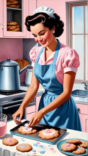 Painting, ultra detailed illustration in soft pastel colors, a beautiful and elegant housewife baking cookies, soft, cute smile, shabby chic livingroom environment, best quality, centered image, inspired by the 1950s ((flat colors)) ((low saturation)) pink, white, blue, vintage, by Rufino Tamayo’s