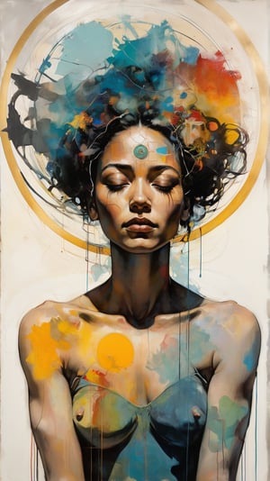 A serene illustration of a woman in a meditative pose, surrounded by a halo of healing energy, without the text. incorporating vibrant colors. gritty dirty textures scratched Salvador Dali Egon Schiele Jasper Johns Georgia O’Keeffe Basquiat, style of Jean Baptiste Monge, Thomas Kinkade, David Palumbo, Carne Griffiths, MASTERPIECE by Aaron Horkey and Jeremy Mann