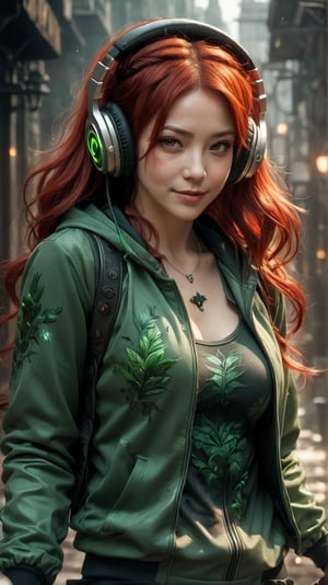 Poison Ivy from DC Comics , looking happy, red hair, wearing a green tracksuit, wearing headphones, happy emotion, centered image, Best quality possible, HD, 8K. Bloodborne, dark magic splash, gothic, burnt sephia gradient, magic splash, fantasy art, watercolor effect, bokeh, digital painting, soft lighting, retro aesthetic, natural lighting, cinematic, masterpiece, highly detailed, intricate, extreme texture, MASTERPIECE by Aaron Horkey and Jeremy Mann, sharp, masterpiece, best quality, Photorealistic, ultra-high resolution, photographic light, illustration by MSchiffer, Hyper detailed