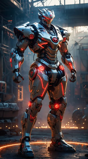 Generate a portrait of a colossal robotic warrior representing Toyota, standing tall with a commanding presence. This robotic titan should have sleek, aerodynamic armor plates inspired by the curves of Toyota vehicles. The chest plate bears the iconic Toyota emblem, illuminated with a soft, red glow. Its eyes are sharp and fierce, glowing with a brilliant blue light. The arms and legs are adorned with intricate mechanical details, showing off advanced engineering. Surround the warrior with a dynamic bokeh background, featuring electric sparks flying around. Add cinematic light, highlighting the metallic surfaces with subtle lens flares. Incorporate particles and sparks around the edges, emphasizing its power and technological prowess.