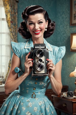 A cheerful 1950s housewife holding a vintage camera with the tagline, 'Capture and Share Your Perfect Moments - Only on Instagram, masterpiece by Aaron Horkey and Jeremy Mann, masterpiece, best quality, Photorealistic, ultra-high resolution, photographic light, illustration by MSchiffer, fairytale, Hyper detailed, octane render, unreal engine v5