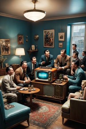 A 1950s living room scene with friends gathered around a large radio, with a sign promoting Discord that says, 'Join the Conversation - Create Your Own Community!', masterpiece by Aaron Horkey and Jeremy Mann, masterpiece, best quality, Photorealistic, ultra-high resolution, photographic light, illustration by MSchiffer, fairytale, Hyper detailed, octane render, unreal engine v5