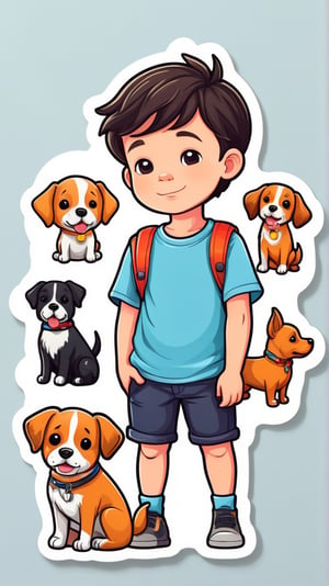 design a sticker set, cute cartoon style, showing a little boy with his dog, vivid colors.