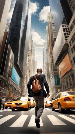 A Man in Bustling City: A man navigating the busy city pulse, expertly balancing numerous tasks and obligations, all in pursuit of his ambitions. Immortalized in a hyper-realistic photograph, framed as a sweeping wide-angle, full-body capture.
