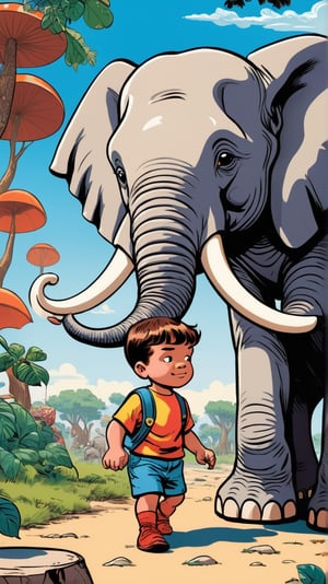 a cartoonish funny scene of a cute kid with an elephant in style of Jack Kirby