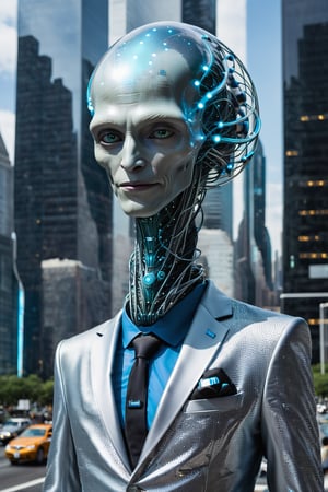 Depict LinkedIn as an alien diplomat, a professional-looking extraterrestrial with a sleek, silver suit, multiple eyes that resemble network nodes, and a sophisticated, futuristic cityscape in the background