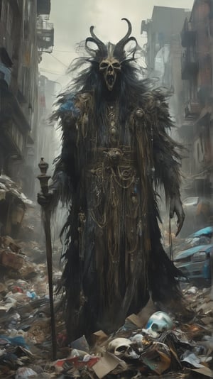 Jurig Jarian - A spirit that resides in trash heaps, scaring anyone who disturbs the area,

MASTERPIECE by Aaron Horkey and Jeremy Mann, sharp, masterpiece, best quality, Photorealistic, ultra-high resolution, photographic light, illustration by MSchiffer, Hyper detailed