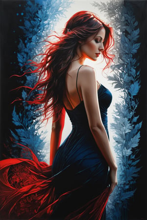 Poster, close-up, Full body, Shadow art, red outline drawing on a dark black background, Red outline silhouette, flowing hair, silhouette of a beautiful young woman, perfect physique, slender graceful forms, charming modesty, perfection in a tight black silk dress, resolution 8k, Side view, Shadows, Mysterious, style of Jean Baptiste Monge, Thomas Kinkade, David Palumbo, Carne Griffiths, layered papercut, fading backlit background, (deep sea fading white to deep blue/red), by Minjae Lee, Carne Griffiths, Emily Kell, Steve McCurry, Geoffroy Thoorens, Aaron Horkey, Jordan Grimmer, Greg Rutkowski, amazing depth, double exposure, surreal, geometric patterns, intricately detailed, bokeh, perfect balanced, deep fine borders, artistic photorealism, smooth, (sharp focus:1.2), super wide angle, high angle, high color contrast, medium shot, depth of field, blurry background,impressionist painting, magic splash, fantasy art, watercolor effect, bokeh, digital painting, soft lighting, retro aesthetic, natural lighting, cinematic, masterpiece, highly detailed, intricate, extreme texture, octane render