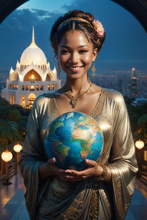 portrait, photorealistic of A serene and radiant figure dressed in elegant, multicultural attire, holding a globe with interlinked rings. She stands in a diverse, harmonious cityscape with a Baháʼí temple in the background, smile, symbolizing unity and peace, masterpiece by Aaron Horkey and Jeremy Mann, masterpiece, best quality, Photorealistic, ultra-high resolution, photographic light, illustration by MSchiffer, fairytale, sunbeams, cinematic lighting, Hyper detailed, atmospheric, vibrant, dynamic studio lighting, wlop, Glenn Brown, Carne Griffiths, Alex Ross, artgerm and james jean, spotlight, fantasy, surreal, octane render, unreal engine v5