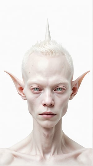 Beautiful humanlike albino, front facing, celestial, alien features, pointed long ear lobes, minimalism, solid white background, 8k,