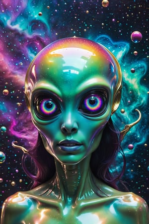 Illustrate Instagram as an alien being, a glamorous extraterrestrial with a colorful, shimmering skin, camera lenses for eyes, and an aura that changes colors like a photo filter, surrounded by floating holographic photos in a cosmic backdrop