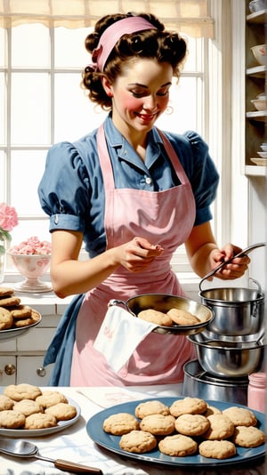 Norman Rockwell art, ultra detailed illustration in soft pastel colors, a beautiful and elegant housewife baking cookies, soft, cute smile, shabby chic livingroom environment, best quality, centered image, MSchiffer, inspired by the 1950s ((flat colors)) ((low saturation)) pink, white, blue, vintage, style of Jean Baptiste Monge, Thomas Kinkade, David Palumbo, Carne Griffiths, MASTERPIECE by Aaron Horkey and Jeremy Mann
