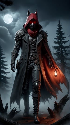 silhouette of a full body shot, Wide shot, fantasy style, full image of a serious black man, extremely handsome, wearing a red hood, light brown eyes, night environment, standing next to a pure white wolf, style fantasy, pine trees, stormy dark clouds, fluffy clouds in the background, unreal engine (masterpiece, intricacies, epic details, sharp focus, dramatic and surreal oil painting), in the city of Yharnam, photorealistic, Bloodborne, dark magic splash, gothic, burnt sephia gradient, magic splash, fantasy art, watercolor effect, bokeh, digital painting, soft lighting, retro aesthetic, natural lighting, cinematic, masterpiece, highly detailed, intricate, extreme textures, horror, terryfying, creepy, Scary, MASTERPIECE by Aaron Horkey and Jeremy Mann, sharp, masterpiece, best quality, Photorealistic, ultra-high resolution, photographic light, illustration by MSchiffer, Hyper detailed