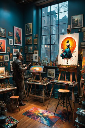 A vibrant 1950s art studio with an artist at an easel and a Tumblr poster on the wall, with the tagline, 'Express Yourself - Share Your Creativity!', masterpiece by Aaron Horkey and Jeremy Mann, masterpiece, best quality, Photorealistic, ultra-high resolution, photographic light, illustration by MSchiffer, fairytale, Hyper detailed, octane render, unreal engine v5