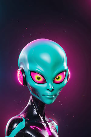 Design a vibrant TikTok alien, featuring dynamic, dance-like movements and a face with animated expressions. It should have a futuristic, playful look with digital effects around it