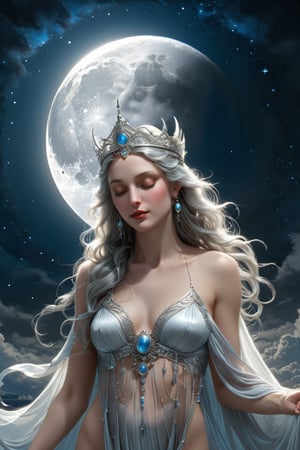 Illustrate a serene and calm goddess for Monday, reflecting the moon and the start of a new week. She should have a silvery, ethereal appearance with flowing robes and a crescent moon tiara. The setting might include a tranquil night sky with stars, emphasizing peace and reflection, masterpiece by Aaron Horkey and Jeremy Mann, masterpiece, best quality, Photorealistic, ultra-high resolution, photographic light, illustration by MSchiffer, fairytale, Hyper detailed, octane render, unreal engine v5
