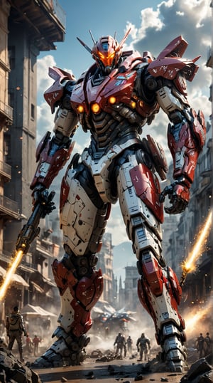 action pose, full body, a hyper-realistic and highly detailed image of a Hi-Tech Jaeger in the style of the Pacific Rim movie franchise, Sevilla FC Jaeger: With armor as red as the passion of Sevilla FC, this Jaeger is a sight to behold. White accents and the club's emblem, glowing on its chest, add to its striking appearance. The armor plates, detailed and textured, reflect the light, creating a stunning visual. The Jaeger's eyes, glowing white, are surrounded by lens flare, enhancing its fierce look. Armed with a dual-bladed energy staff, crackling with electric sparks, it stands amidst a cloud of particles. Glare from the armor adds depth and dimension, making it a formidable presence on the battlefield, ready to lead with unmatched fervor and intensity.
(best quality, 4K, 8K, high-resolution, masterpiece), ultra-detailed, intricate designed, vibrant colors, otherworldly appearance, glowing elements, complex patterns, dynamic lighting, cinematic composition, high detail, high resolution. The result should be a breathtaking image that immerses viewers in the world of giant robots and epic battles.