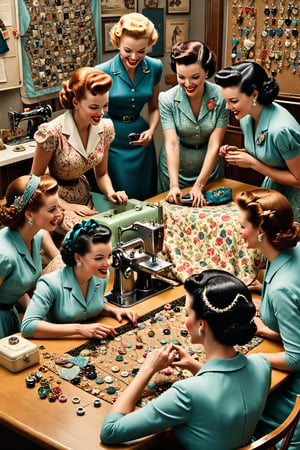 A 1950s sewing circle with women chatting and pinning ideas on a corkboard, with a retro Pinterest logo and the slogan, 'Find Your Inspiration - Pin Your Interests!', masterpiece by Aaron Horkey and Jeremy Mann, masterpiece, best quality, Photorealistic, ultra-high resolution, photographic light, illustration by MSchiffer, fairytale, Hyper detailed, octane render, unreal engine v5