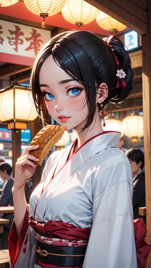 (masterpiece, best quality:1.4), ultra-detailed, dimly lit, glow, lights, (depth of field), a woman, perfect face, detailed face, pink lips, glossy lips, makeup, expressive eyes, blue eyes, black hair, natural breasts, beautiful body, wearing kimono, 1 Taiyaki in a beautiful hand, medieval village, Taiyaki restaurant, Japan, light smile, CaphenyAOV, 