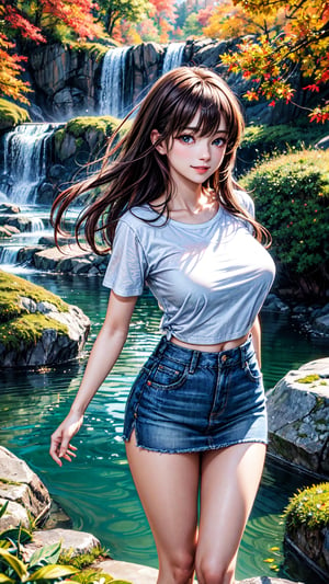 Beautiful realistic anime 18yo girl, with a light smile, 8k masterpiece, ultra-realistic, UHD, highly detailed, best quality, natural breasts, beautiful body, soft smile, beautiful light, cascading waterfall, iridescent blue-green. Amidst floating islands and cascading waterfalls, the girl is surrounded by butterflies, pond, and clouds, wearing a T-shirt, and jeans skirt, in the Autumn forest, 