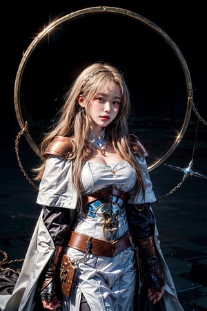 Female Paladin wearing white gold Chain Shirt Armor with Moonlit Edges , Copper Alchemist Robe with Transmutation Circles: Transmutation circles are intricately woven into the fabric, representing alchemical knowledge, (Tallow,Vessel color background:1.3), kisara,mecha musume,kongming suit,feh