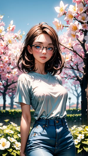 Masterpiece, Best Quality, Depth of field, HDR, intricate, absurdities, splendid, Detailed face, Gardening, Good atmosphere, blossom, sky, 1Girl, exteriors, Brown hair, Blue Eyes, day, looking at the viewer, light smile, natural breasts, wearing a white T-shirt, short jean skirt, beautiful hand