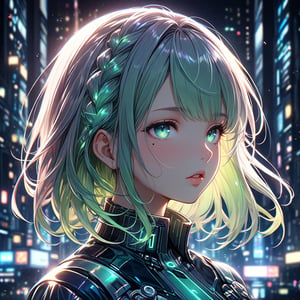  (masterpiece, best quality:1.4), ultra-detailed, dimly lit, glow, lights, (depth of field), perfect face, detailed face, 1girl, solo, long hair, bangs, green eyes, pink hair, braid, multicolored hair, parted lips, Japanese clothes, green hair, mole, Cute Loose Bob hair, two-tone hair, lips, eyelashes, gradient hair, looking away, portrait, Cyber uniform, closed up, looking_at_viewer, in the cyber city