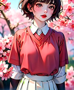 weibozh, masterpiece,best quality, ultra high res,short hair, 1girl, kinomoto sakura, brown hair, red lips, short hair, white skirt, pleated skirt, looking at viewer,(upper body:0.6),(portrait:0.4),   