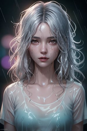 a beautiful model woman , with platinum silver hair, glamour, wearing a wet see-through white T-shirt, wet skin, Wet hair, night sky, rain, hyperdetailed painting, luminism, art by Carne Griffiths and Wadim Kashin concept art, 4k resolution, fractal isometrics details bioluminescent, 3d render, octane render, intricately detailed, cinematic, trending on art station Isometric Centered hyperrealistic cover photo awesome full color, hand drawn, gritty, realistic mucha, intricate, hit definition, cinematic, Rough sketch, bold lines, on paper