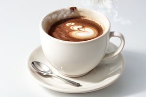 A steaming hot latte in a white ceramic cup, set against a pristine white background.