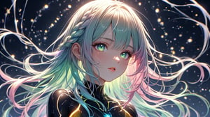 (masterpiece, best quality:1.4), ultra-detailed, dimly lit, glow, lights, (depth of field), perfect face, detailed face, 1girl, solo, long hair, green eyes, pink hair, braid, multicolored hair, parted lips, green hair, mole, Cute Loose Bob hair, two-tone hair, lips, eyelashes, gradient hair, full body, thunder yellow jacket, tight suit, set against a pristine white background.