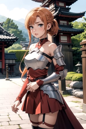 centered, award winning photography, | Yuuki Asuna, french braid, asymmetrical bangs, strapless armored dress, red pleated skirt, arm armor, breastplate, hip armor, garter strap, thighhighs, standing on old cobblestone street of Kyoto, Yasaka pagoda in the background, distant mountain, | cowboy shot, | bokeh, depth of field, | asuna yuuki ,asuna yuuki