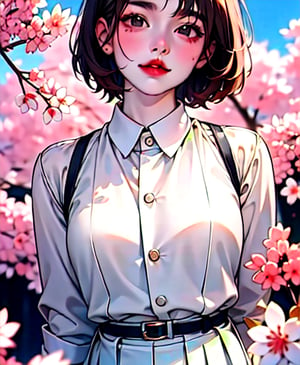 weibozh, masterpiece,best quality, ultra high res,short hair, 1girl, kinomoto sakura, brown hair, red lips, short hair, white skirt, pleated skirt, looking at viewer,(upper body:0.6),(portrait:0.4),   