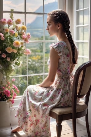 A wooden window facing the garden is open in flowers and plants. A young woman is sitting on a chair by the window, waiting to see someone sitting. The woman's hair is braided, she is wearing a simple dress.