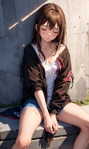 (masterpiece, 4k), 1girl, torn clothes, homeless, long brown hair, calm face, closed eyes, filthy body, dirty clothes, abrasions and bruises, skinny, beautiful, detailed, sits leaning against the wall, street outdoors, view from above