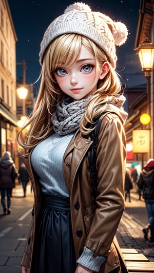 Beautiful realistic anime 18yo girl, light smile, 8k masterpiece, ultra-realistic, UHD, highly detailed, best quality, natural breasts, beautiful body, light smile, Unreal Engine 5, beautiful light, Cute girl, in warm clothes, knitted hat, scarf, long blonde hair, gray eyes, night, street, lantern, light from a lantern, it's dark around, park, bench, autumn, 1girl,