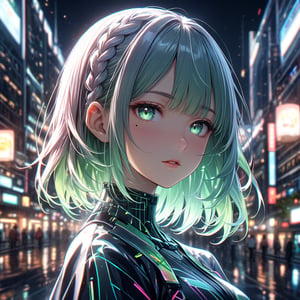  (masterpiece, best quality:1.4), ultra-detailed, dimly lit, glow, lights, (depth of field), perfect face, detailed face, 1girl, solo, long hair, bangs, green eyes, pink hair, braid, multicolored hair, parted lips, Japanese clothes, green hair, mole, Cute Loose Bob hair, two-tone hair, lips, eyelashes, gradient hair, looking away, portrait, Cyber uniform, closed up, looking_at_viewer, in the cyber city