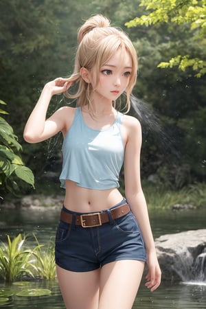 (best quality, masterpiece), 1girl, elf, small wind, pond, deep forest, looking away, blurry background, dynamic angle, flying dust, particles, sparkles, many belts, green eyes, long golden hair, dinamic pose, action pose, butterflies, shorts, beautiful figure, thin waist, short cyan tank top, belt in leg, water drops, water spray, wet through, sarashi