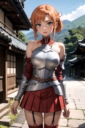 centered, award winning photography, | Yuuki Asuna, french braid, asymmetrical bangs, strapless armored dress, red pleated skirt, arm armor, breastplate, hip armor, garter strap, thighhighs, standing on old cobblestone street of Kyoto, Yasaka pagoda in the background, distant mountain, | cowboy shot, | bokeh, depth of field, | asuna yuuki ,asuna yuuki