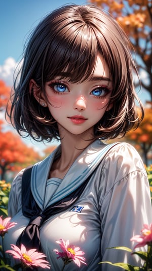 (masterpiece, best quality:1.4), ultra-detailed, dimly lit, glow, lights, (depth of field), perfect face, detailed face, pink lips, glossy lips, makeup, expressive eyes, blue eyes, a beautiful Korean girl, Cute Loose Bob hair, natural breasts, beautiful body, wearing school uniform, (At School), (in the Autumn flowers garden), sexy smile, The sky was full of beautiful clouds, closed up